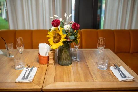 Restaurant table setting wooden tableware Stock Photos