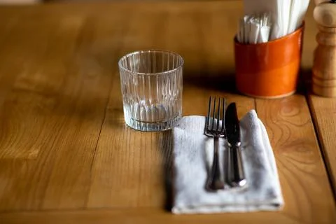 Restaurant table setting wooden tableware Stock Photos
