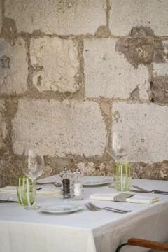 Restaurant table setup prior to service Stock Photos