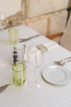 Restaurant table setup prior to service Stock Photos