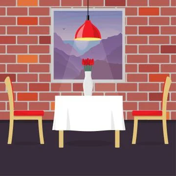 Restaurant table with two chairs and vase with flowers. Table in cosy restaur Stock Illustration