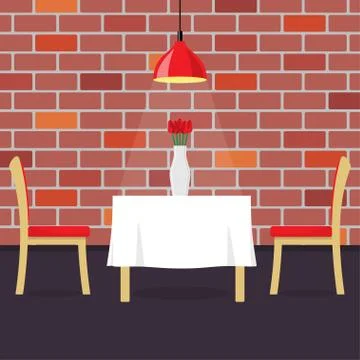 Restaurant table with two chairs and vase with flowers. Table in cosy restaur Stock Illustration