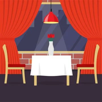 Restaurant table with two chairs and vase with flowers. Table in cosy restaur Stock Illustration