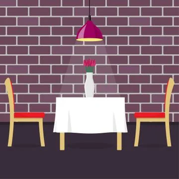 Restaurant table with two chairs and vase with flowers. Table in cosy restaur Stock Illustration