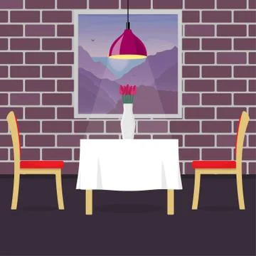 Restaurant table with two chairs and vase with flowers. Table in cosy restaur Stock Illustration