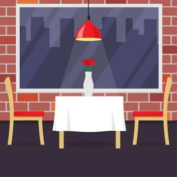 Restaurant table with two chairs and vase with flowers. Table in cosy restaur Stock Illustration