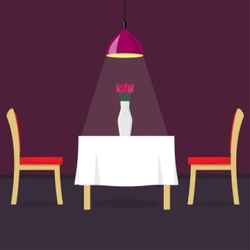 Restaurant table with two chairs and vase with flowers. Table in cosy restaur Stock Illustration
