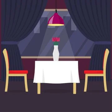 Restaurant table with two chairs and vase with flowers. Table in cosy restaur Stock Illustration