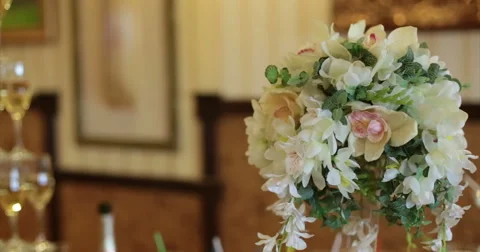 Restaurant. Table. Wedding bouquet. Video stock 51448284