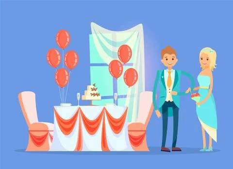Restaurant Table with Wedding Cake, Married Couple Stock Illustration
