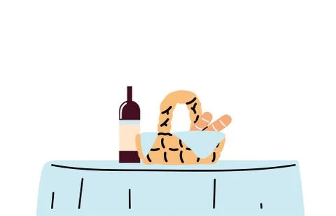 Restaurant table with wine botttle and breads basket vector design Illustrazione stock