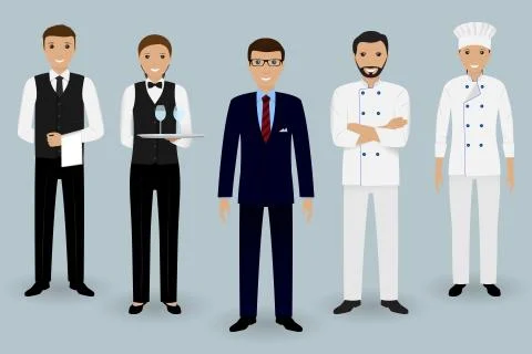 Restaurant team characters. Restaurant manager standing with chef, cook and t Illustrazione stock