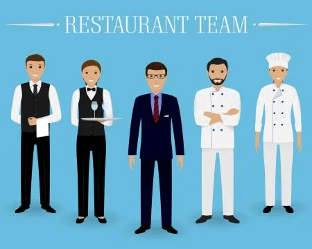 Restaurant team concept. Group of characters standing together manager, chef, Stock Illustration