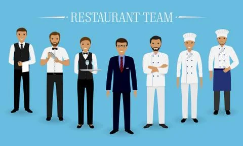 Restaurant team concept. Group of characters standing together: manager, chef Stock Illustration