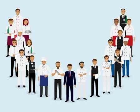 Restaurant team. Group of manager chef waiters bartenders standing together. Stock Illustration