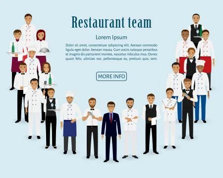 Restaurant team. Group of manager, chef, waiters, cook, bartenders standing t Stock Illustration