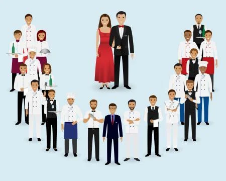 Restaurant team. Group of manager, chef, waiters, cook, bartenders and visito Stock Illustration