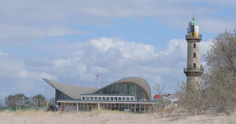 Restaurant Teepott and lighthouse in Warnemunde, Rostock, Germany Stock Footage 111535480