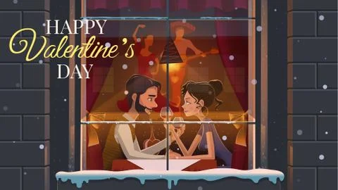 Restaurant. Valentine's Day. Guy and the girl a romantic meeting at themed .. Stock Illustration