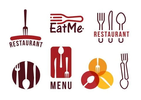 Restaurant vector logo set, flat cartoon style. Fork, knife and spoon, barbecue Stock Illustration