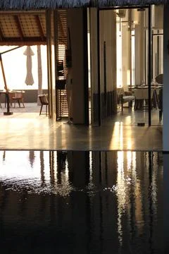 Restaurant view at the evening in the golden hours Stock Photos