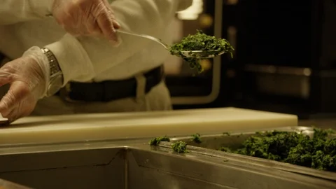 Restaurant workers loading trays of food for distribution in soup kitchen 3 Stock Footage 123784825