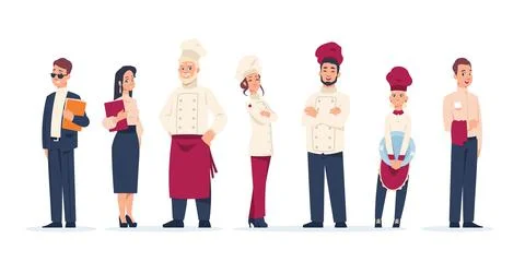 Restaurant workers. Standing people work in cafe. Waiter and chief Stock Illustration