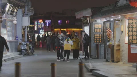 Restaurants &amp; Bars Along Houhai Lake In Old City Beijing At Night Stock Footage 150228341