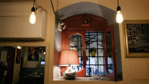 Restaurant's window facing the street Stock Footage 86487121