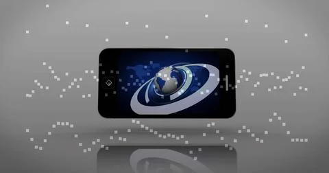 Resting black smartphone displaying digital globe with rings on set, with pixels Stock Photos