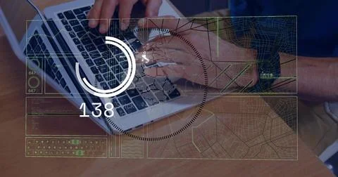 Resting hands activating globe HUD, typing fingers raising then lowering counter Stock Photos
