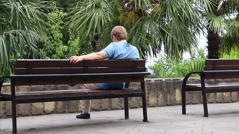 A resting man sitting on a bench at tropical resort, green palms around him Stock Footage 127859021