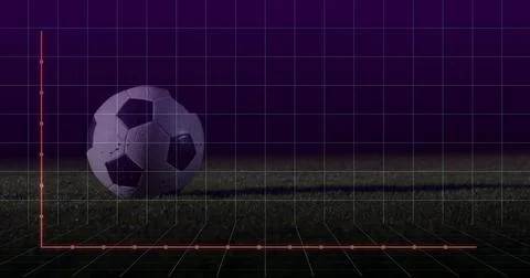 Resting scuffed soccer ball casting shadow on turf at night, with 3D grid and Illustrazione stock