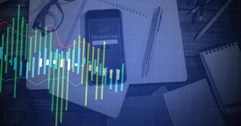 Resting smartphone showing Discount Code on spiral pad on wood desk, with pen Foto stock
