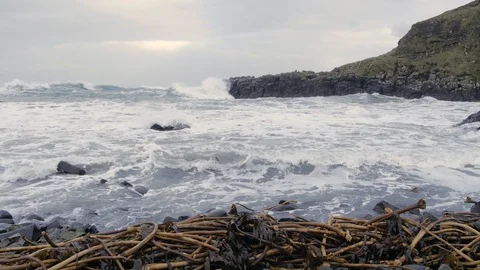 Restless Ocean Waves and Seaweed at Dunseverick Causeway Coast Northern Ireland Stockbeeldmateriaal 98767778