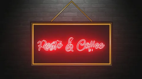 Resto and coffee neon sign glowing text on dark background Stock Footage 163790153