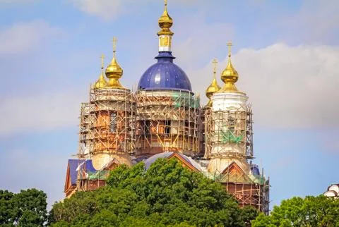 The restoration of the destroyed temple in the monastery. Stock Photos