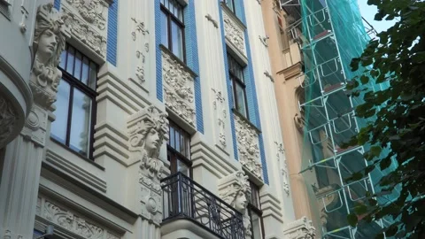 Restoration of houses. A facade of the Art Nouveau building Stock Footage