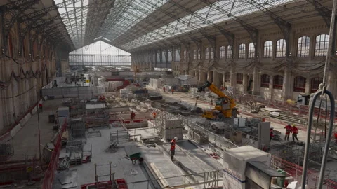 Restoration progress inside Austerlitz train station Paris with cranes and Video stock 306578255