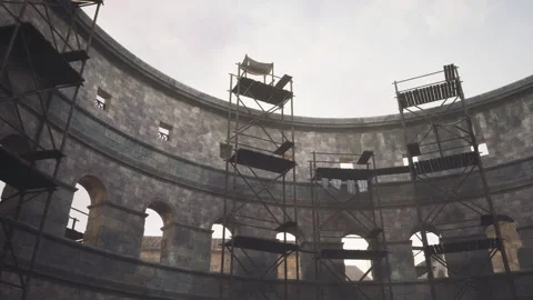 Restoration work taking place inside an ancient stone amphitheater Stock Footage 310929748