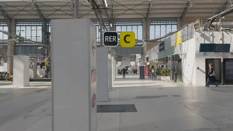 Restored Austerlitz train station platform with RER signage and natural lighting Stock Footage 306573008