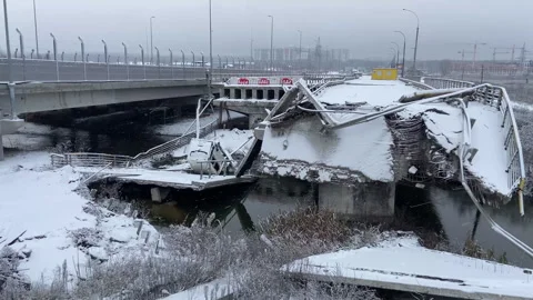 The restored bridge in Irpen, next to the bridge that was destroyed Stock Footage 256997277