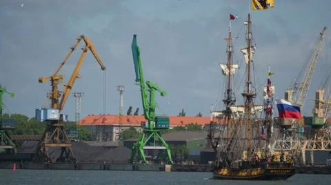 Restored Russian old ship motion with modern port background Stock Footage 50890174