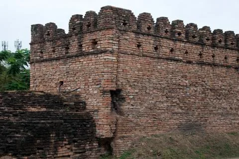 Restored section of the defensive wall surrounding the old town Stock Photos