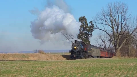 Restored Steam Passenger Train Passes By Blowing White and Gray Smoke, Trav.. Stock Footage 238662154