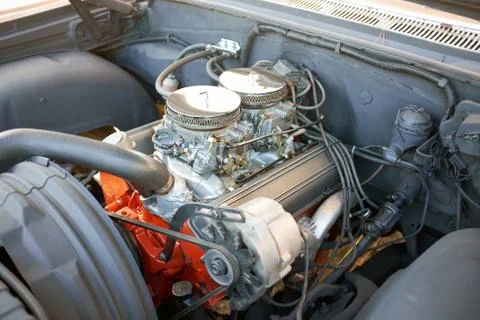 Restored vintage engine in an American Oldtimer Stock Photos