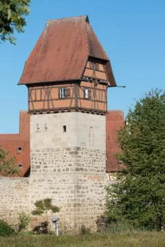 Restored watchtower with half-timbered construction Stock Photos