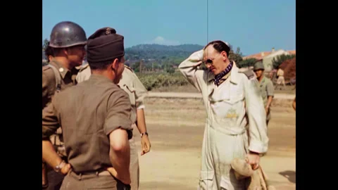 Restored WWII RAF Pilot and US Personnel Smoking and Talking, Corsica 1944 Stock Footage 336782827