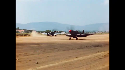 Restored WWII RAF Spitfire Formation Flight Over Corsica 1944 60FPS Stock Footage 336780683