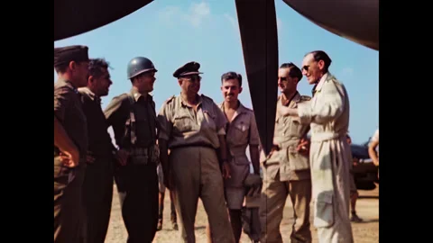 Restored WWII RAF Spitfire Pilot Meeting U.S. Servicemen, Corsica 1944, 60FPS Stock Footage 336781694